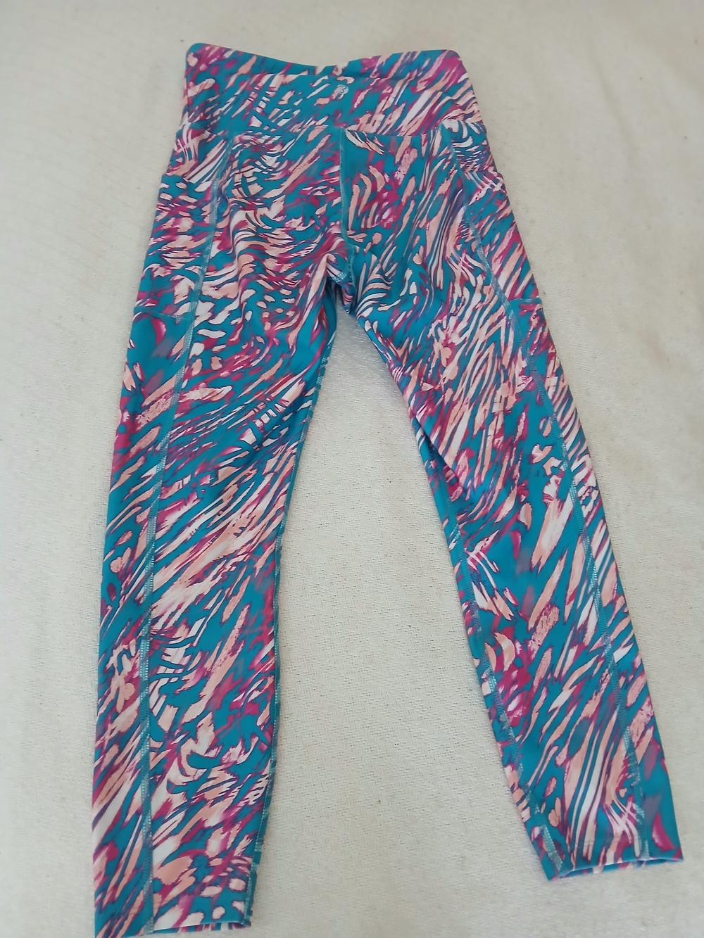 Bally Teal, Pink & Cream Abstract Print Active Yoga Crop Leggings